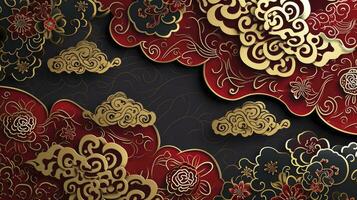 AI generated Chinese auspicious cloud pattern with red and gold themes. photo