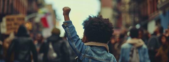 AI generated Black History Month concept, a young child with his fist raised in the air, in New York City. photo