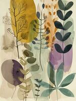 AI generated Simple botanical detail mid-century watercolor design symmetrical print, rounded forms. photo