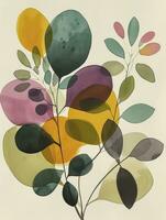 AI generated Simple botanical detail mid-century watercolor design symmetrical print, rounded forms. photo