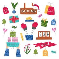 Colorful Boxing Day collection with gift boxes isolated. Big set with discount related elements. Online shopping. Charity event during Christmastide. Sale offers hand drawn flat vector illustration