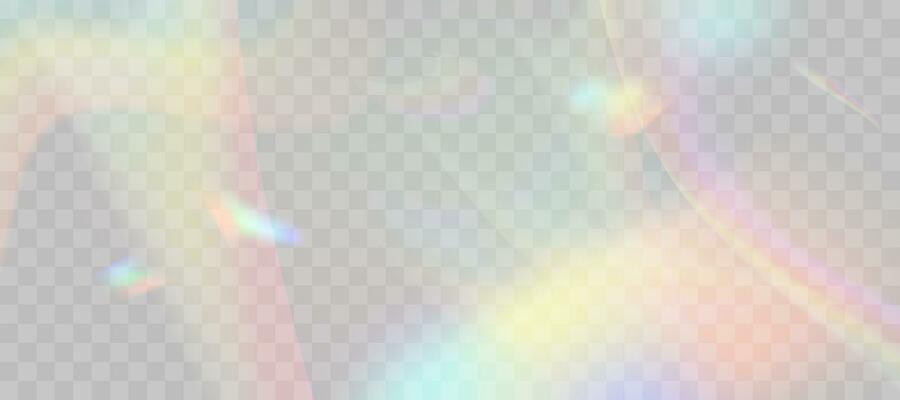Blurred rainbow refraction overlay effect. Light lens prism effect. Holographic reflection, crystal flare leak shadow overlay. Vector abstract illustration.