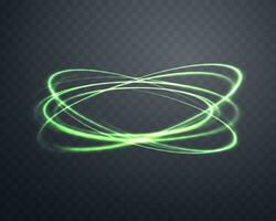Glowing green magic rings. Neon realistic energy swirl. Abstract light effect. Vector illustration.