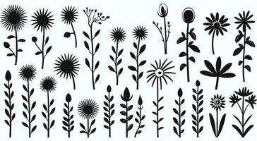 Hand Drawn Black Paint Chamomiles Vector Set. Ink Drawing Flowers and Leaves in Naive Style, Childish or Primitive Drawing. Black and White Vector Botanical Illustration. Abstract Blossom With Stems