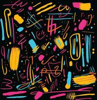 Hand Drawn Colorful Lines on Dark Background. Yellow and Violet, Irregular Shapes, Bold Brush Strokes, Memphis Design, Pink and Cyan vector