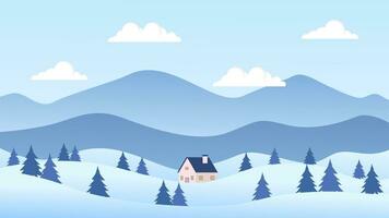 Winter landscape vector illustration. Snow hills, mountains, house and pine trees background, winter snow-themed wallpaper