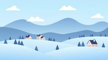 Winter landscape vector illustration. Snow hills, mountains, house and pine trees background, winter snow-themed wallpaper