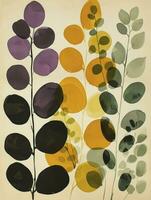 AI generated Simple botanical detail mid-century watercolor design symmetrical print, rounded forms. photo