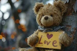 AI generated Teddy bear holding a yellow sign saying LOVE  text. valentine day photo