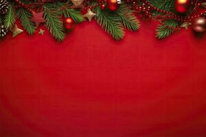 AI generated Christmas or New Year red background with fir decor. AI Generated photo