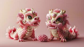 AI generated Two adorable chinese dragon babies, celebrating the Chinese New Year festival, with pink scales and happy expressions, 3d design. photo