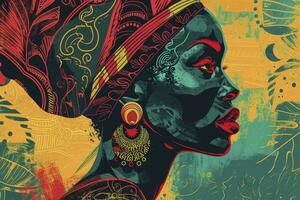 ai generado negro historia mes concepto. africano mujer rostro, en el estilo de atrevido, gráfico abstracción, oscuro verde y carmesí, Clásico póster diseño. foto