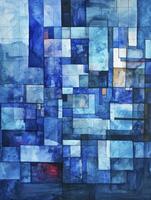 AI generated The painting has blue squares in the background realistic watercolors, monochrome geometry, stained glass effect, watercolor washes, abstraction-creation, puzzle-like elements. photo