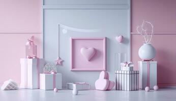 ai generado contento san valentin día decoración con regalo caja, 3d representación ilustración foto