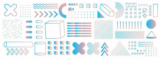 A collection of abstract geometric shapes. Memphis design, retro bauhaus elements. Blue and pink gradation. For web, advertising, banners,business. Etc. Vector illustration