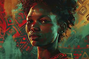 AI generated Black history month concept. A woman with hair in front of the geometric background of a colourful painting, african patterns, graphic design poster art. photo
