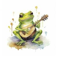 AI generated Watercolor green frog playing a tiny musical instrument on white background. AI Generated photo