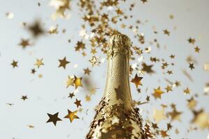 AI generated Champagne bottle with confetti stars and party streamers on a festive background. Christmas, birthday or wedding concept. photo