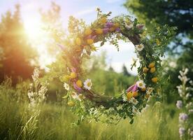 AI generated Rustic wildflowers wreath on a sunny meadow. Summer Solstice Day, Midsummer concept. Generative AI photo