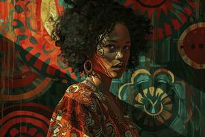 AI generated Black history month concept. A woman with hair in front of the geometric background of a colourful painting, african patterns, graphic design poster art. photo