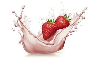 AI generated milk or yogurt splash with strawberries isolated on white background, 3d rendering. AI Generated photo