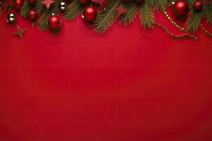 AI generated Christmas or New Year red background with fir decor. AI Generated photo