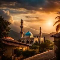 AI generated Tranquil Sunset Serenity Of Islamic Mosque Amidst Countryside Calm photo