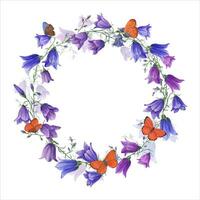 Watercolor wreath with bells and and flying butterflies. Blue campanula. Copy space for text. vector