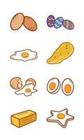 Eight colored various egg food vector icon set collection illustration isolated on plain white background. Simple flat cartoon art styled drawing.