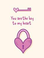 You are the key to my heart with heart padlock and key vector illustration design poster banner for valentines day isolated on vertical yellow background. Simple flat minimalist art styled drawing.