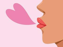 Face from side view close up with red lipstick lips and tanned skin. Duck face, kissing gesture with heart decoration vector illustration isolated on plain pink horizontal ratio background.