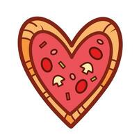 Heart shaped pizza with tomato paste, mushroom, pepperoni colored vector illustration icon outlined isolated on white square background. Simple flat minimalist art styled cartoon food drawing.