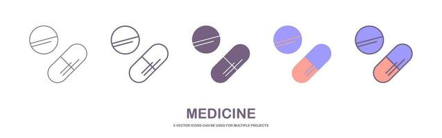 Medicine icon vector design with editable vector. capsule icon with 5 different styles. pill illustration. vector illustration EPS