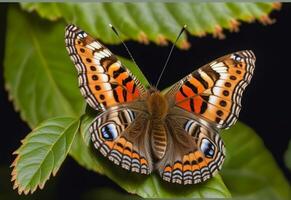 ai generado un mariposa es sentado en un planta con hojas foto