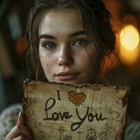 AI generated Girl holding a sign that says I Love You. valentine day photo