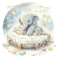 AI generated An elephant on a bed with stars and blankets around the circle. AI Generated photo