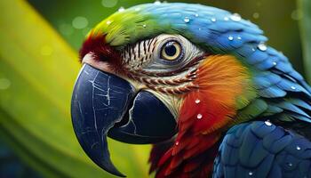 AI generated Tropical macaw perched, vibrant feathers in focus. Generative AI photo