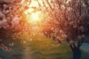 AI generated Spring blossom background. Nature scene with blooming tree and sun flare. Generative AI photo