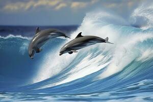 AI generated Playful dolphins jumping over breaking waves. Hawaii Pacific Ocean wildlife scenery. Generative AI photo