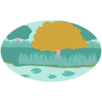 ai généré une dessin animé scène de une arbre et herbe dans une champ png