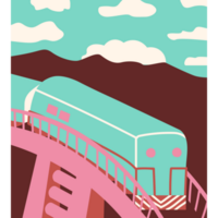 AI generated a train on a bridge with a blue sky and pink clouds png