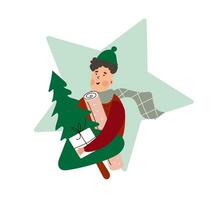 Fun flat cartoon man holding presents for his family and a new year tree. Vector illustration on white background