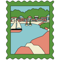 AI generated a stamp with a boat on it and a town in the background png