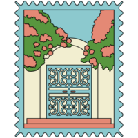 AI generated a stamp with a gate and flowers png