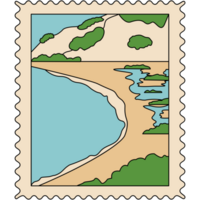 AI generated a postage stamp with a beach and a mountain png