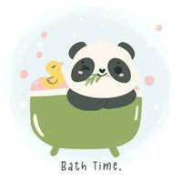 adorable dibujos animados panda en bañera con pato. guardería niño ilustración mano dibujo. vector