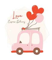 enamorado amor entrega coche. linda kawaii vehículo en amor tema con globos corazón en plano diseño. vector