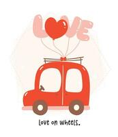 reconfortante enamorado dibujos animados. linda kawaii coche en rojo y rosado tema con globos, corazón, y regalo caja en plano diseño vector