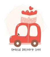 Heartwarming Valentine Cartoon. Cute Kawaii Car in Red and Pink Theme with Heart in Flat Design. vector