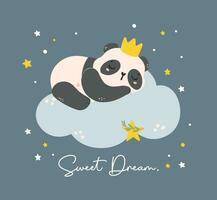 Adorable Cartoon Panda Nursery Art. Cute hand drawn illustration of a baby panda sleeping on a ccloud, perfect for baby shower themes. vector